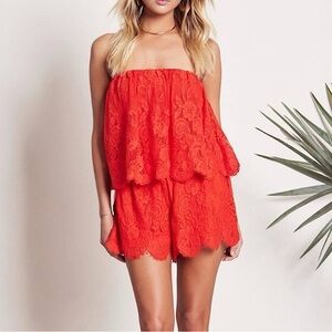 Lovers + Friends Strapless Red Lace Romper